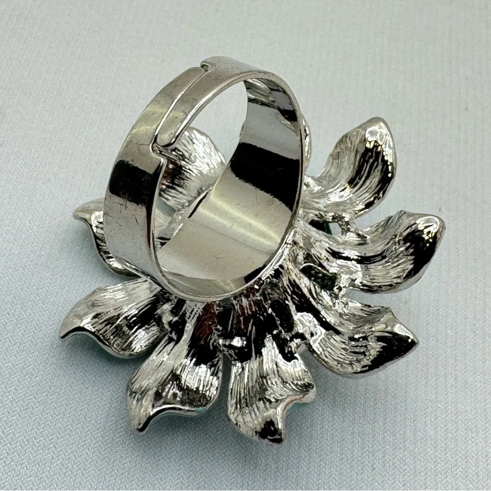Turquoise Enamel Flower Ring Silver Tone Adjustable Statement